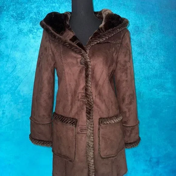 Vintage Brown Faux Shearling Hooded Coat - Picture 3 of 6